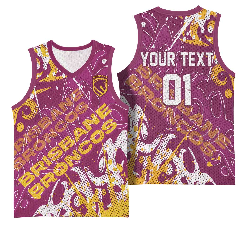 Personalized Brisbane Broncos Rugby Basketball Jersey Urban Street Graffiti Style - Distressed Splatter Elements