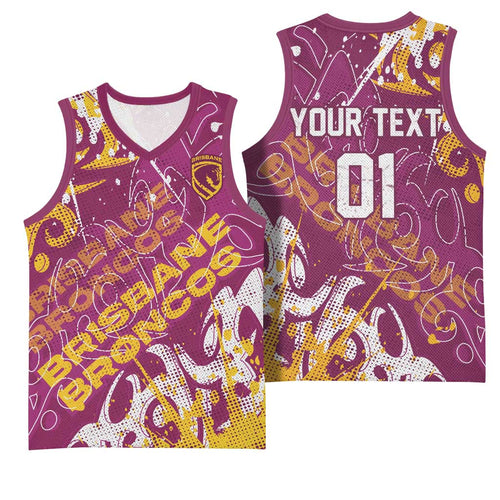 Personalized Brisbane Broncos Rugby Basketball Jersey Urban Street Graffiti Style - Distressed Splatter Elements
