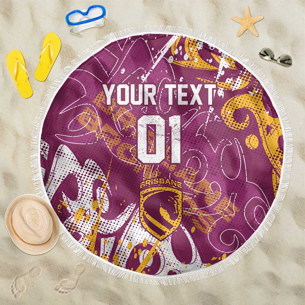 Personalized Brisbane Broncos Rugby Beach Blanket Urban Street Graffiti Style - Distressed Splatter Elements