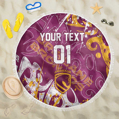 Personalized Brisbane Broncos Rugby Beach Blanket Urban Street Graffiti Style - Distressed Splatter Elements