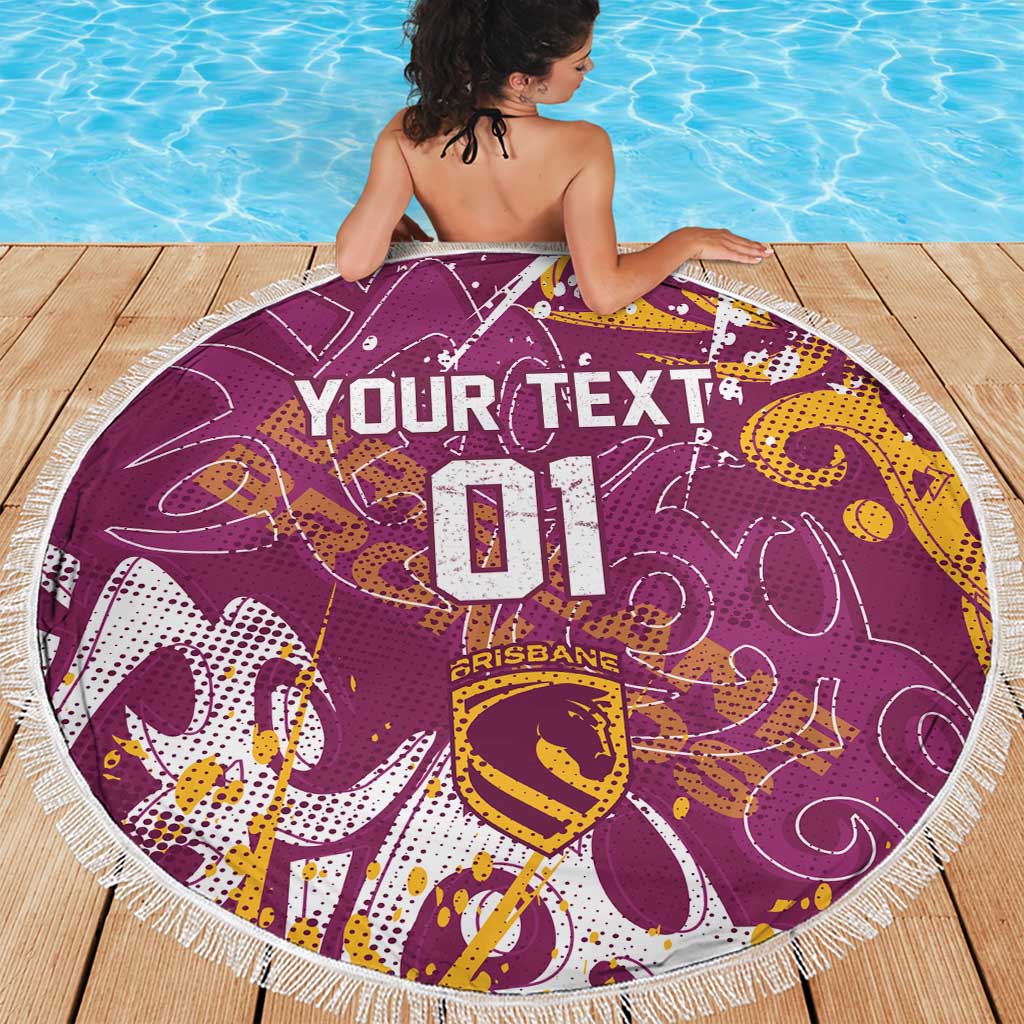 Personalized Brisbane Broncos Rugby Beach Blanket Urban Street Graffiti Style - Distressed Splatter Elements