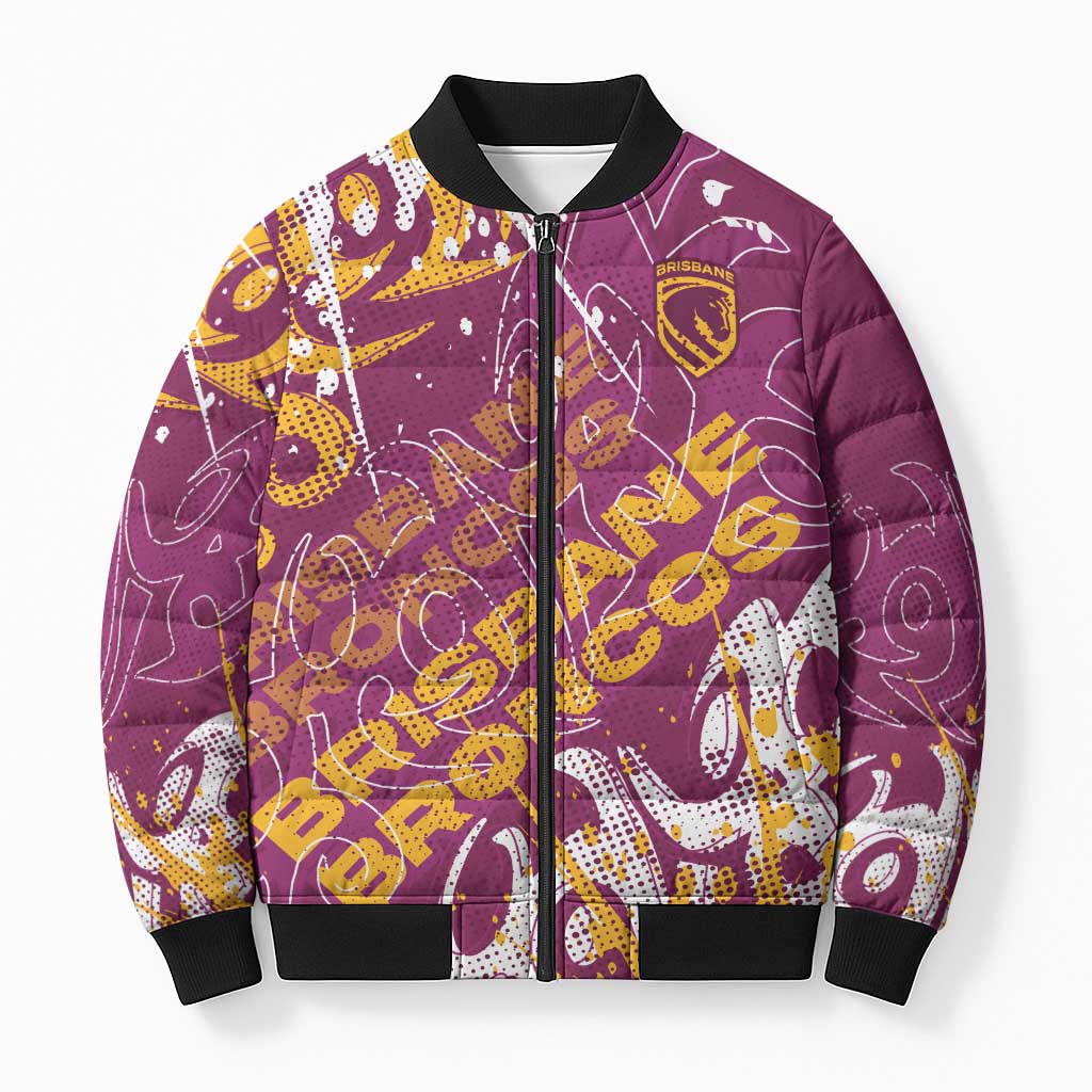 Personalized Brisbane Broncos Rugby Bomber Puffer Jacket Urban Street Graffiti Style - Distressed Splatter Elements