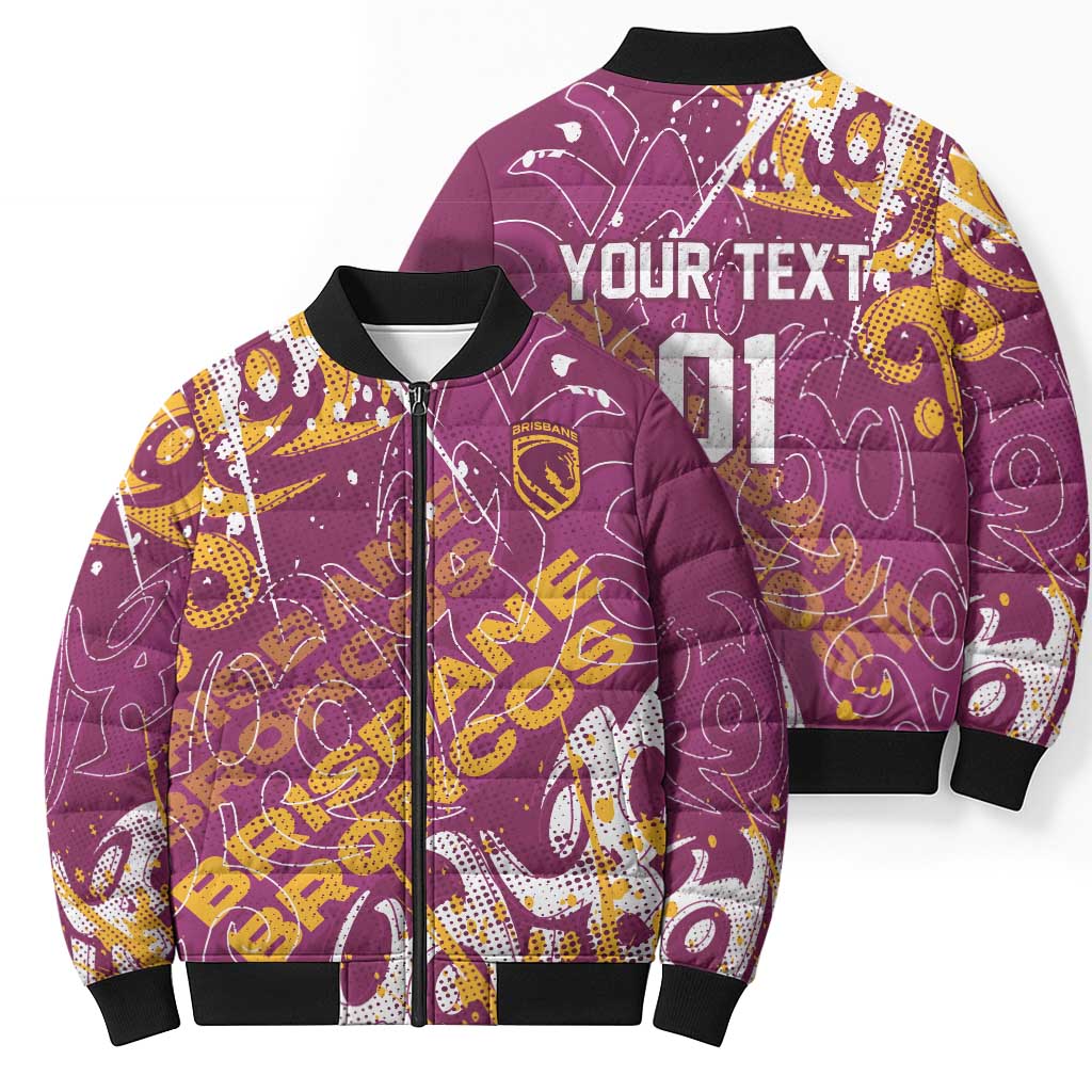 Personalized Brisbane Broncos Rugby Bomber Puffer Jacket Urban Street Graffiti Style - Distressed Splatter Elements