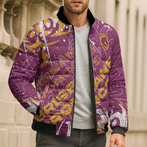 Personalized Brisbane Broncos Rugby Bomber Puffer Jacket Urban Street Graffiti Style - Distressed Splatter Elements