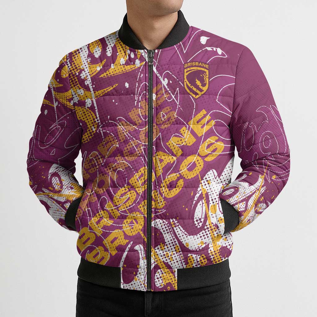 Personalized Brisbane Broncos Rugby Bomber Puffer Jacket Urban Street Graffiti Style - Distressed Splatter Elements