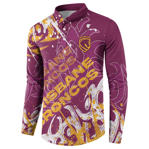 Personalized Brisbane Broncos Rugby Button Sweatshirt Urban Street Graffiti Style - Distressed Splatter Elements