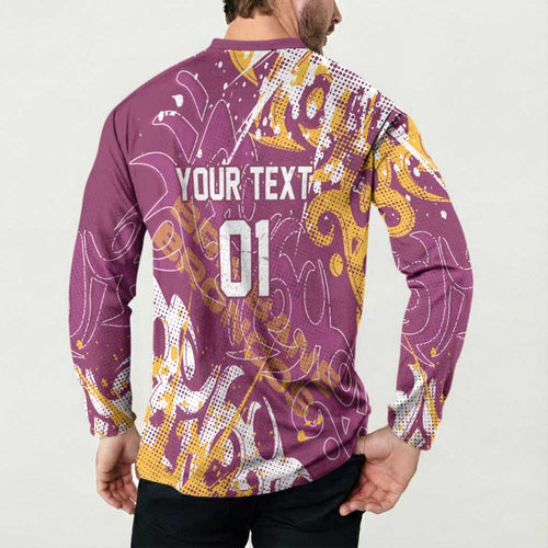 Personalized Brisbane Broncos Rugby Button Sweatshirt Urban Street Graffiti Style - Distressed Splatter Elements