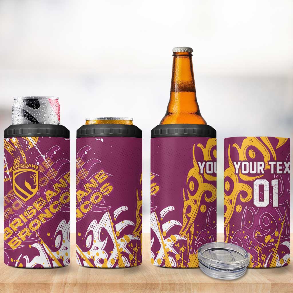 Personalized Brisbane Broncos Rugby 4 in 1 Can Cooler Tumbler Urban Street Graffiti Style - Distressed Splatter Elements