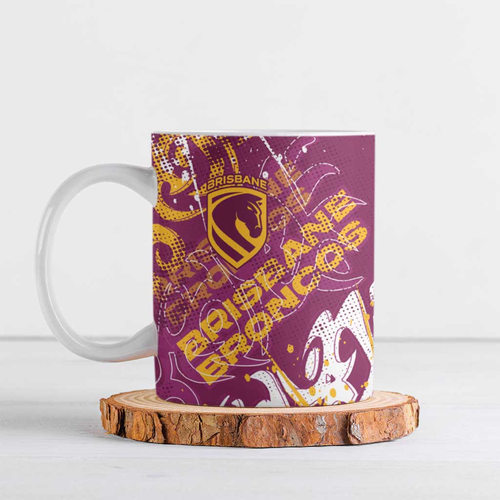 Personalized Brisbane Broncos Rugby Ceramic Mug Urban Street Graffiti Style - Distressed Splatter Elements