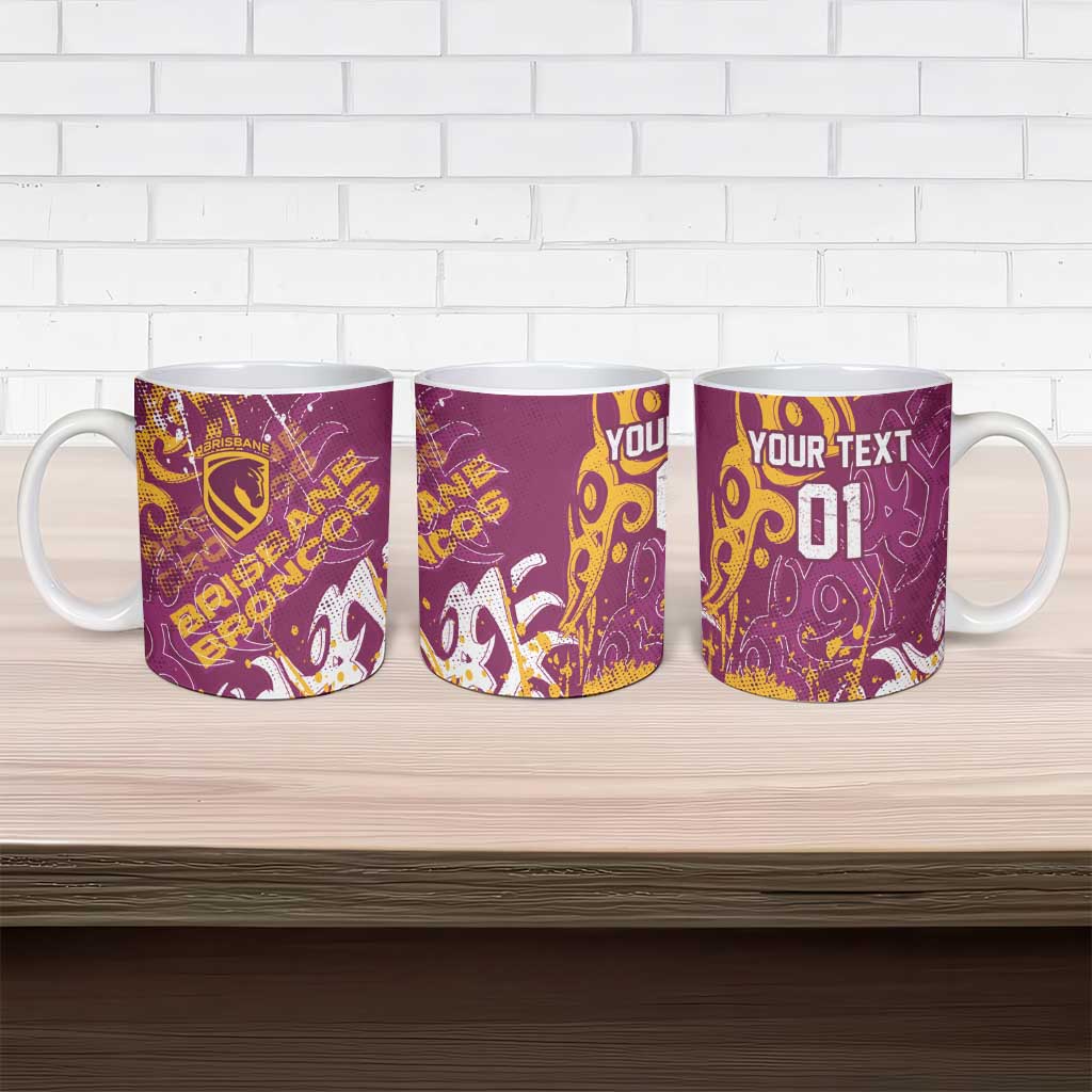 Personalized Brisbane Broncos Rugby Ceramic Mug Urban Street Graffiti Style - Distressed Splatter Elements