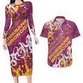 Personalized Brisbane Broncos Rugby Couples Matching Long Sleeve Bodycon Dress and Hawaiian Shirt Urban Street Graffiti Style - Distressed Splatter Elements