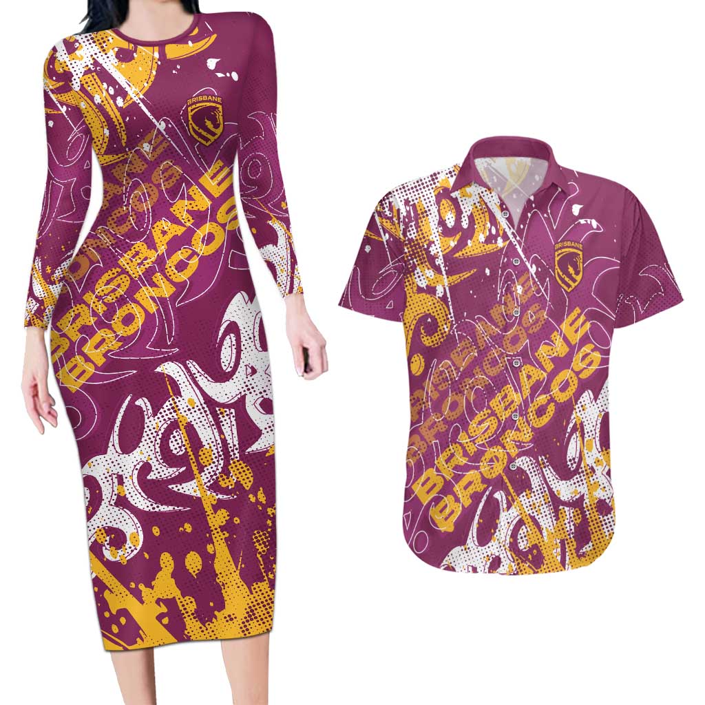 Personalized Brisbane Broncos Rugby Couples Matching Long Sleeve Bodycon Dress and Hawaiian Shirt Urban Street Graffiti Style - Distressed Splatter Elements