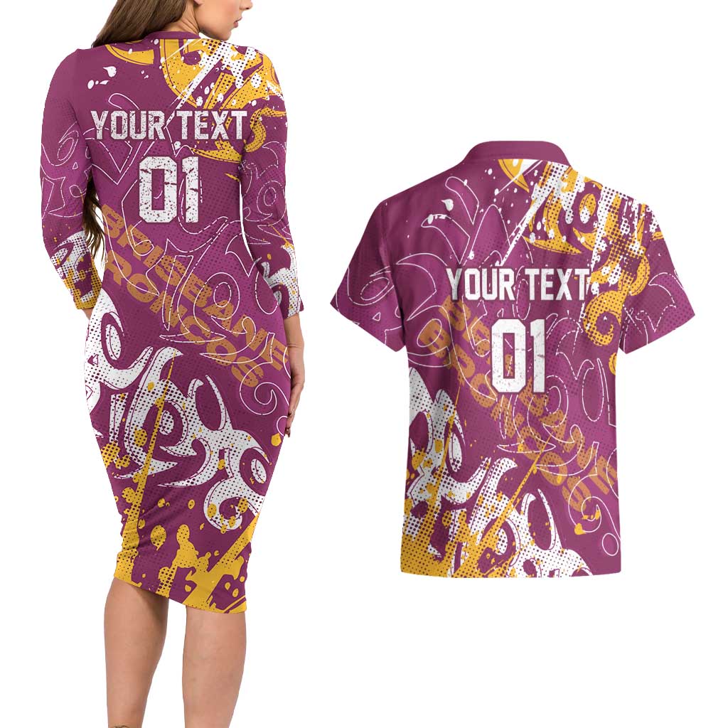 Personalized Brisbane Broncos Rugby Couples Matching Long Sleeve Bodycon Dress and Hawaiian Shirt Urban Street Graffiti Style - Distressed Splatter Elements