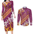 Personalized Brisbane Broncos Rugby Couples Matching Long Sleeve Bodycon Dress and Long Sleeve Button Shirt Urban Street Graffiti Style - Distressed Splatter Elements