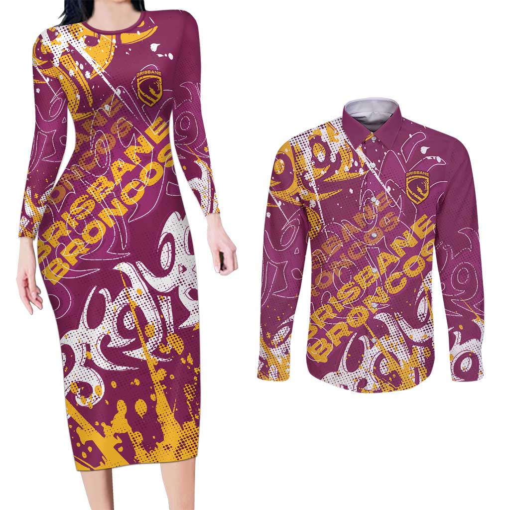 Personalized Brisbane Broncos Rugby Couples Matching Long Sleeve Bodycon Dress and Long Sleeve Button Shirt Urban Street Graffiti Style - Distressed Splatter Elements