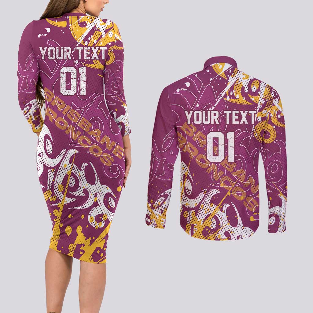 Personalized Brisbane Broncos Rugby Couples Matching Long Sleeve Bodycon Dress and Long Sleeve Button Shirt Urban Street Graffiti Style - Distressed Splatter Elements