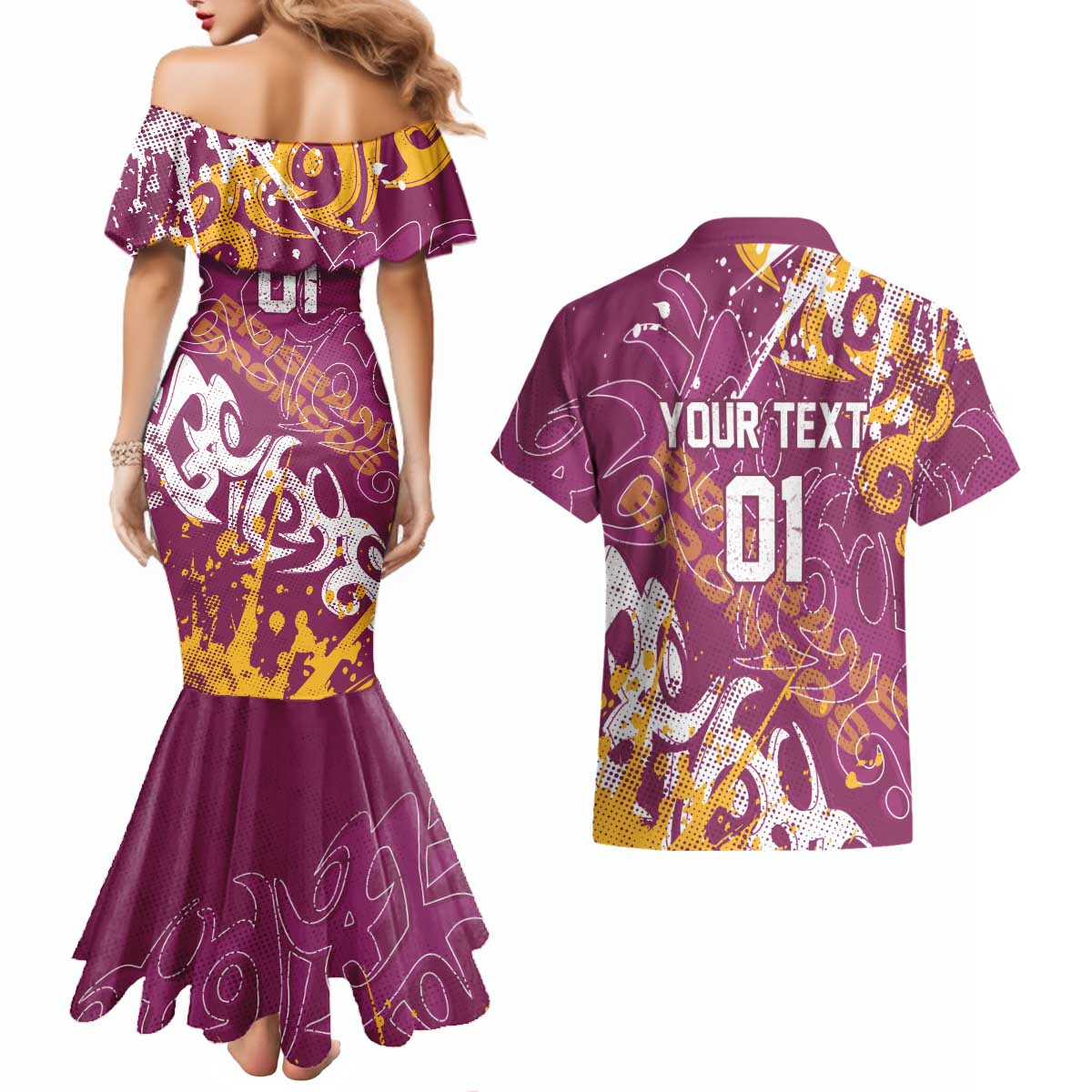 Personalized Brisbane Broncos Rugby Couples Matching Mermaid Dress and Hawaiian Shirt Urban Street Graffiti Style - Distressed Splatter Elements