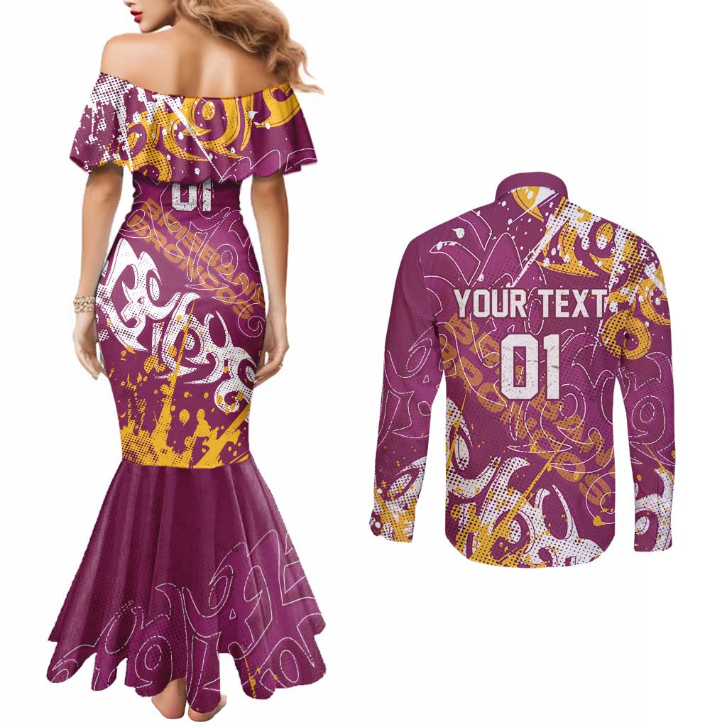 Personalized Brisbane Broncos Rugby Couples Matching Mermaid Dress and Long Sleeve Button Shirt Urban Street Graffiti Style - Distressed Splatter Elements
