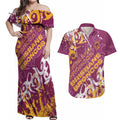 Personalized Brisbane Broncos Rugby Couples Matching Off Shoulder Maxi Dress and Hawaiian Shirt Urban Street Graffiti Style - Distressed Splatter Elements