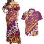 Personalized Brisbane Broncos Rugby Couples Matching Off Shoulder Maxi Dress and Hawaiian Shirt Urban Street Graffiti Style - Distressed Splatter Elements