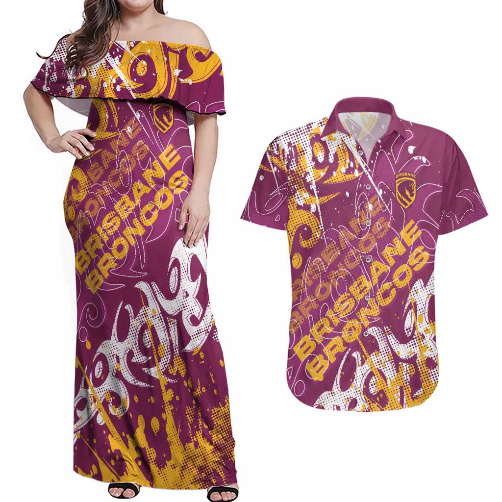 Personalized Brisbane Broncos Rugby Couples Matching Off Shoulder Maxi Dress and Hawaiian Shirt Urban Street Graffiti Style - Distressed Splatter Elements