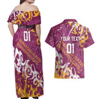 Personalized Brisbane Broncos Rugby Couples Matching Off Shoulder Maxi Dress and Hawaiian Shirt Urban Street Graffiti Style - Distressed Splatter Elements