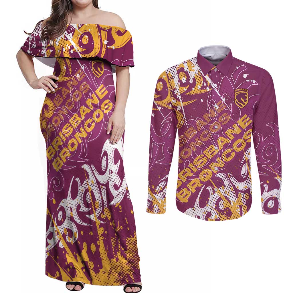 Personalized Brisbane Broncos Rugby Couples Matching Off Shoulder Maxi Dress and Long Sleeve Button Shirt Urban Street Graffiti Style - Distressed Splatter Elements