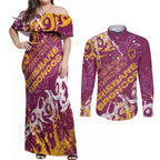 Personalized Brisbane Broncos Rugby Couples Matching Off Shoulder Maxi Dress and Long Sleeve Button Shirt Urban Street Graffiti Style - Distressed Splatter Elements