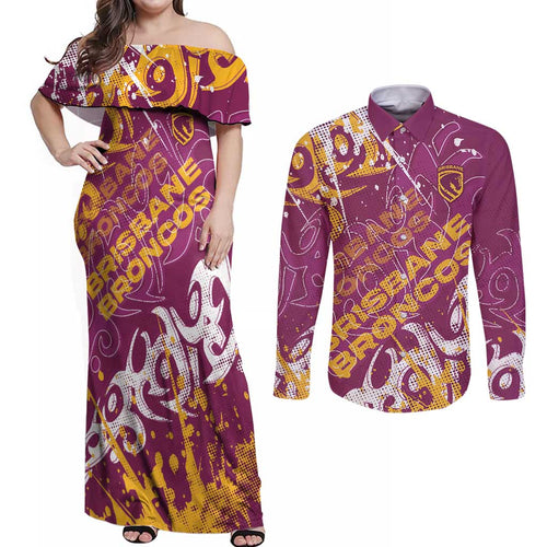 Personalized Brisbane Broncos Rugby Couples Matching Off Shoulder Maxi Dress and Long Sleeve Button Shirt Urban Street Graffiti Style - Distressed Splatter Elements