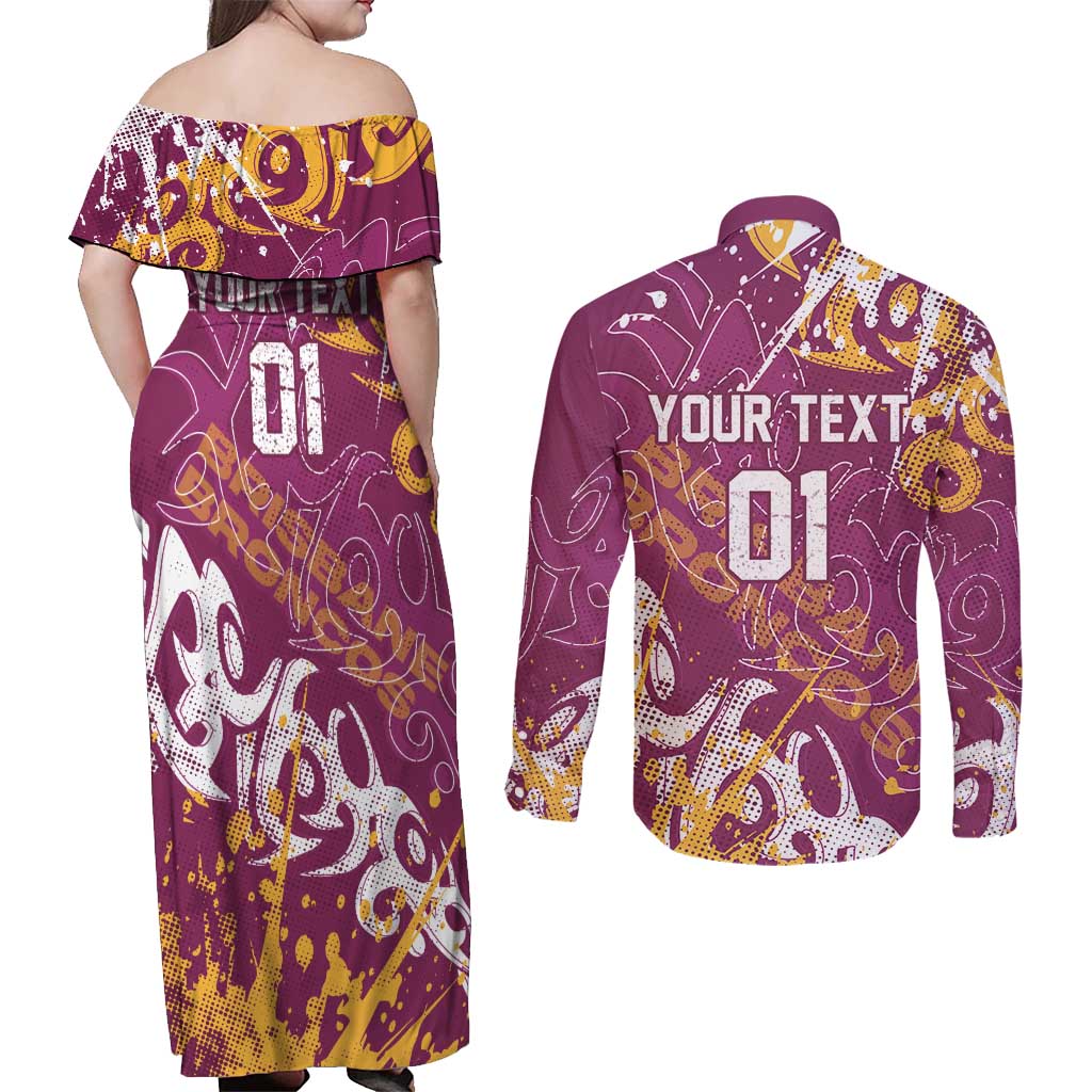 Personalized Brisbane Broncos Rugby Couples Matching Off Shoulder Maxi Dress and Long Sleeve Button Shirt Urban Street Graffiti Style - Distressed Splatter Elements