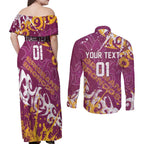 Personalized Brisbane Broncos Rugby Couples Matching Off Shoulder Maxi Dress and Long Sleeve Button Shirt Urban Street Graffiti Style - Distressed Splatter Elements