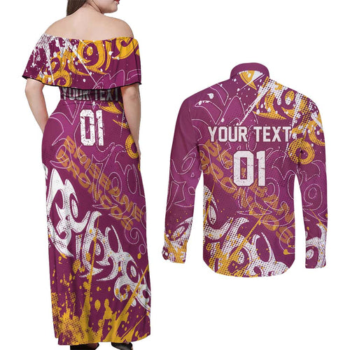 Personalized Brisbane Broncos Rugby Couples Matching Off Shoulder Maxi Dress and Long Sleeve Button Shirt Urban Street Graffiti Style - Distressed Splatter Elements