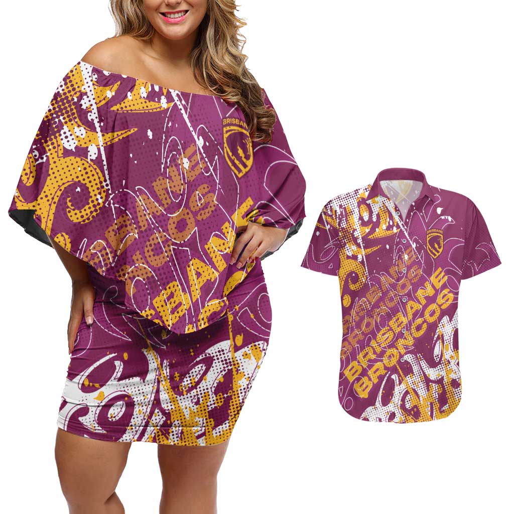 Personalized Brisbane Broncos Rugby Couples Matching Off Shoulder Short Dress and Hawaiian Shirt Urban Street Graffiti Style - Distressed Splatter Elements