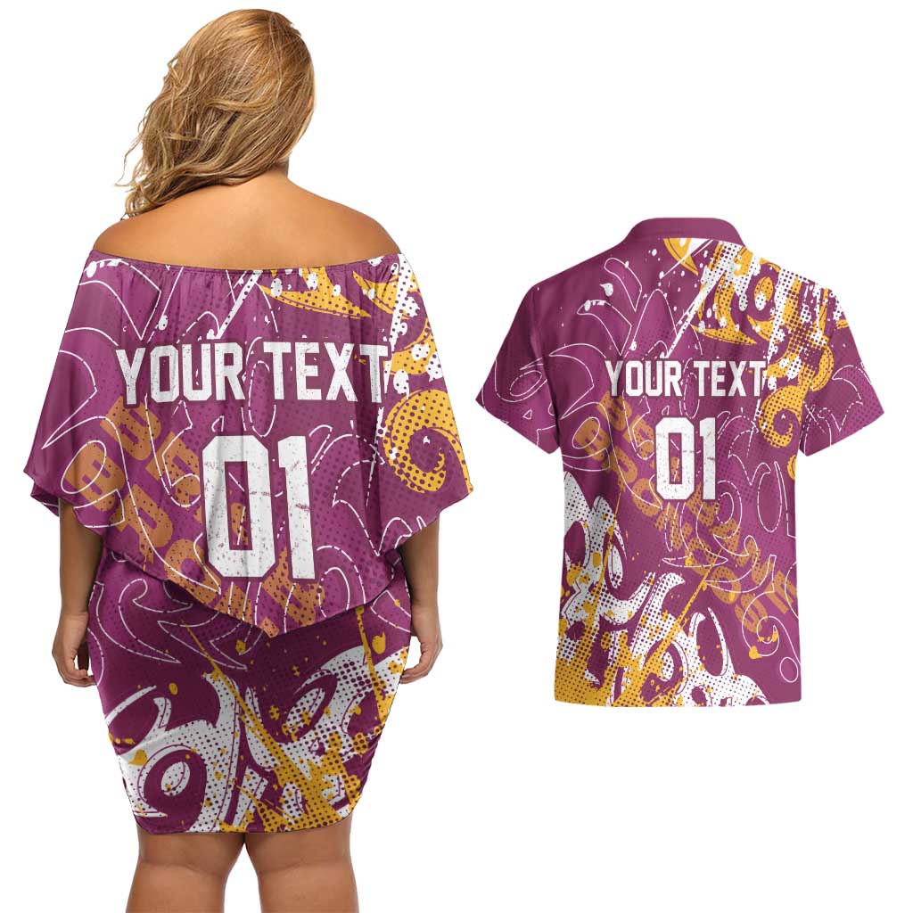 Personalized Brisbane Broncos Rugby Couples Matching Off Shoulder Short Dress and Hawaiian Shirt Urban Street Graffiti Style - Distressed Splatter Elements