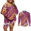 Personalized Brisbane Broncos Rugby Couples Matching Off Shoulder Short Dress and Long Sleeve Button Shirt Urban Street Graffiti Style - Distressed Splatter Elements