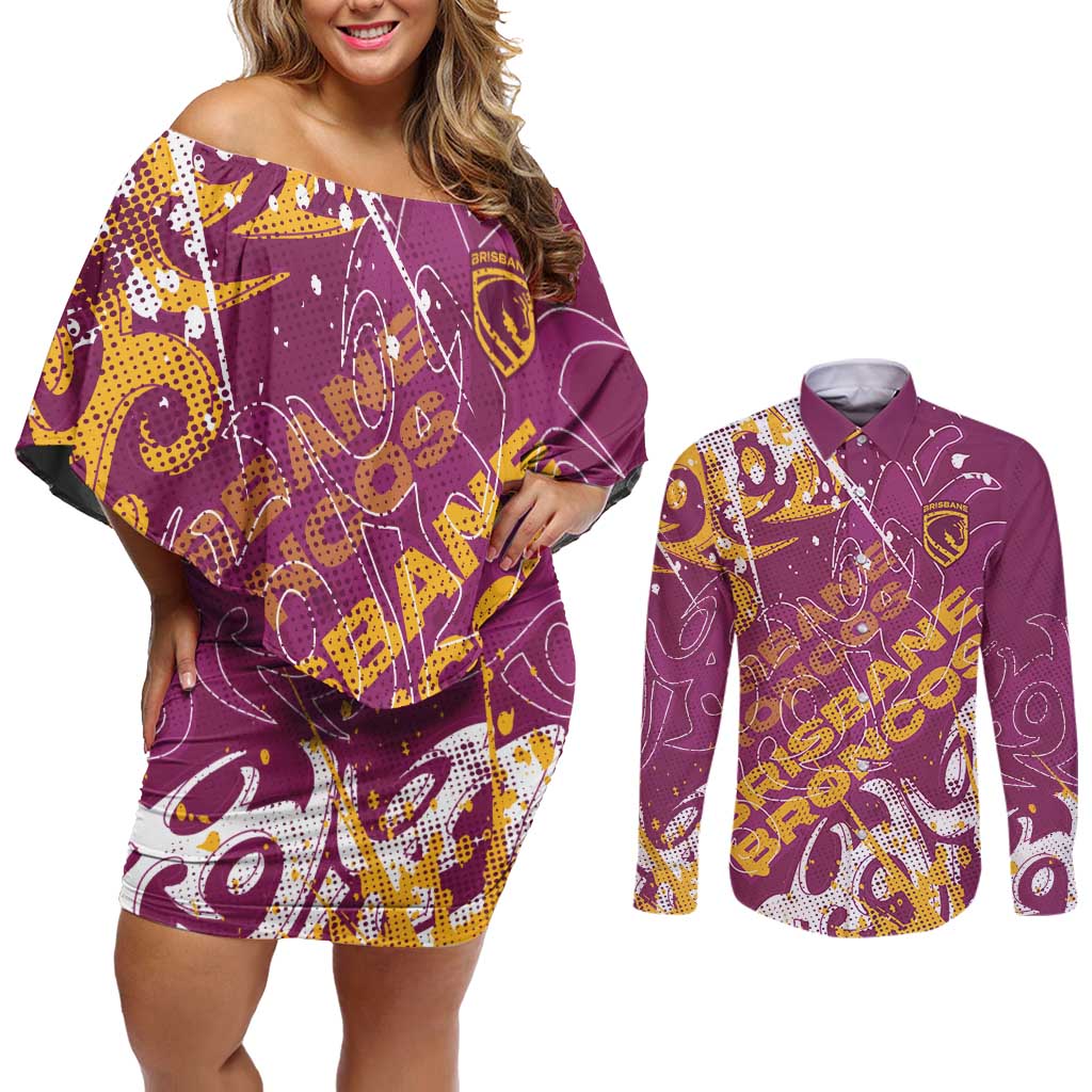 Personalized Brisbane Broncos Rugby Couples Matching Off Shoulder Short Dress and Long Sleeve Button Shirt Urban Street Graffiti Style - Distressed Splatter Elements