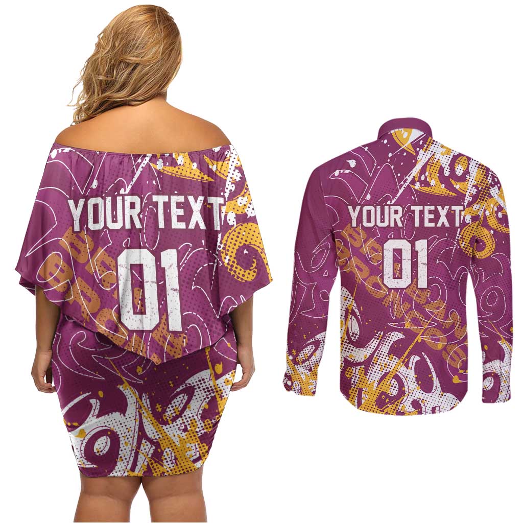 Personalized Brisbane Broncos Rugby Couples Matching Off Shoulder Short Dress and Long Sleeve Button Shirt Urban Street Graffiti Style - Distressed Splatter Elements