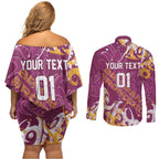 Personalized Brisbane Broncos Rugby Couples Matching Off Shoulder Short Dress and Long Sleeve Button Shirt Urban Street Graffiti Style - Distressed Splatter Elements