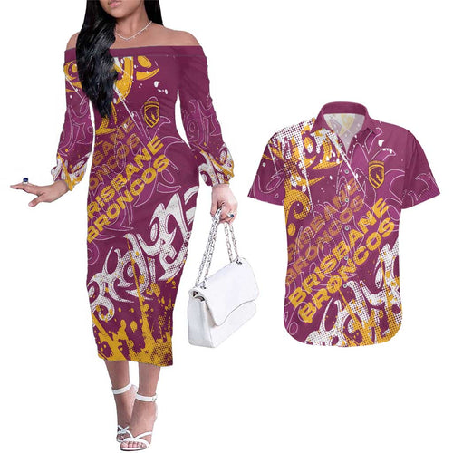 Personalized Brisbane Broncos Rugby Couples Matching Off The Shoulder Long Sleeve Dress and Hawaiian Shirt Urban Street Graffiti Style - Distressed Splatter Elements