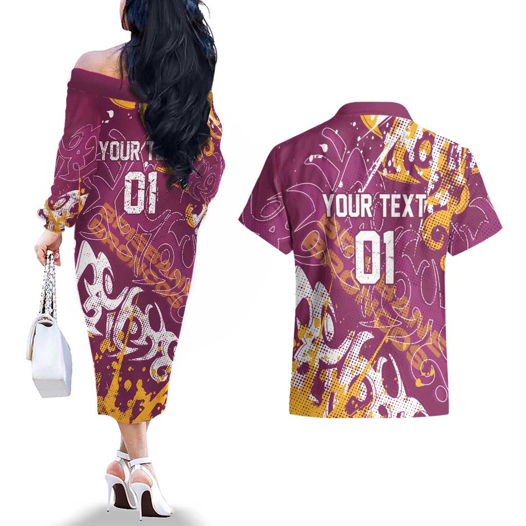 Personalized Brisbane Broncos Rugby Couples Matching Off The Shoulder Long Sleeve Dress and Hawaiian Shirt Urban Street Graffiti Style - Distressed Splatter Elements