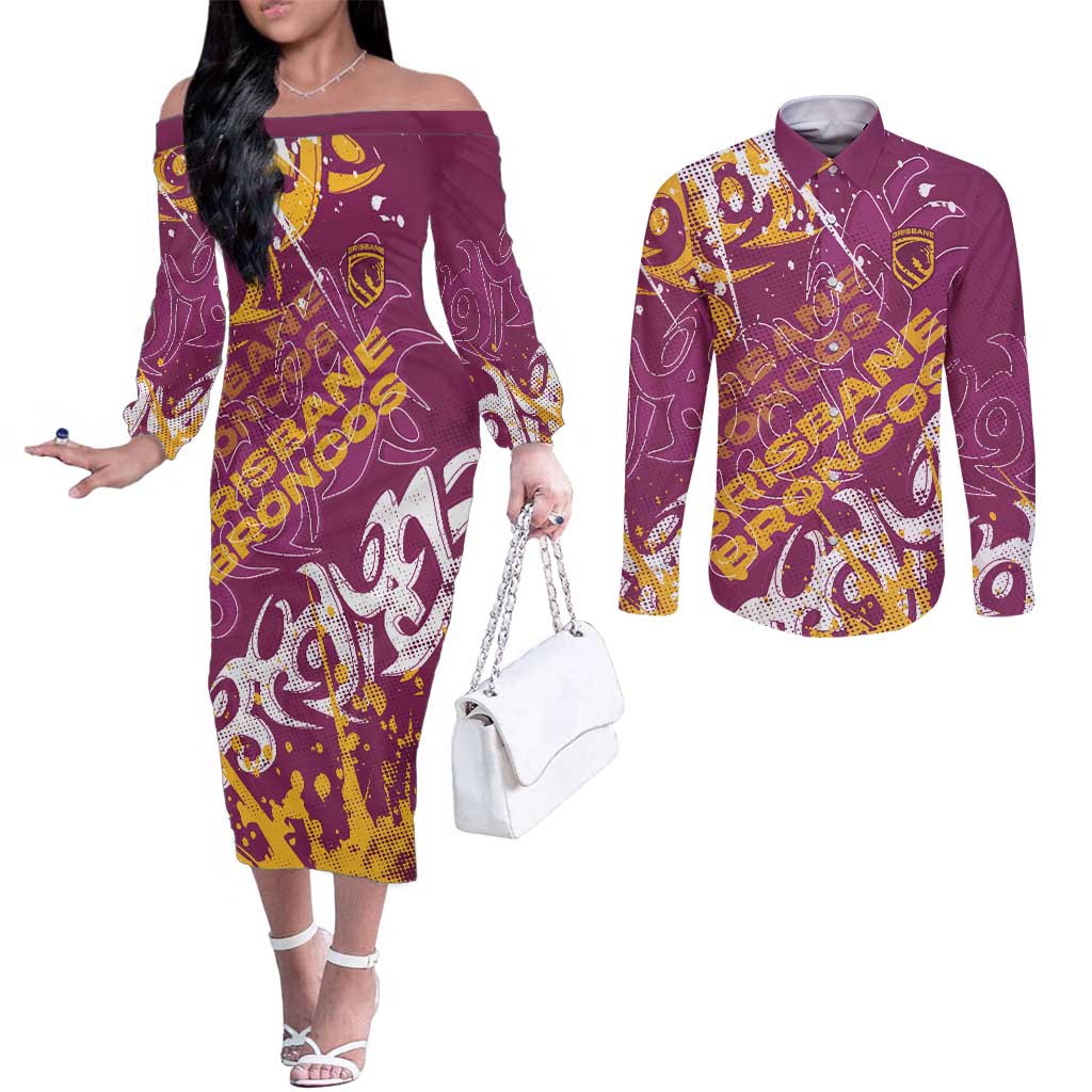 Personalized Brisbane Broncos Rugby Couples Matching Off The Shoulder Long Sleeve Dress and Long Sleeve Button Shirt Urban Street Graffiti Style - Distressed Splatter Elements
