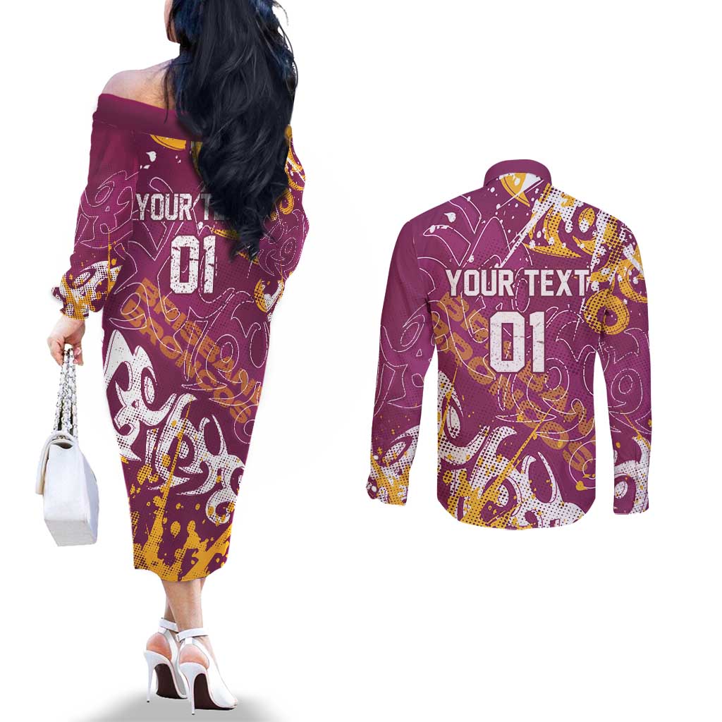 Personalized Brisbane Broncos Rugby Couples Matching Off The Shoulder Long Sleeve Dress and Long Sleeve Button Shirt Urban Street Graffiti Style - Distressed Splatter Elements