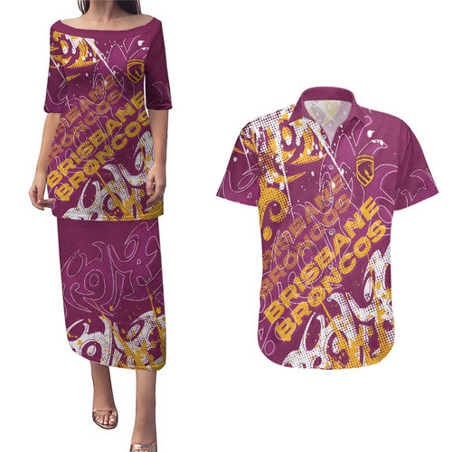 Personalized Brisbane Broncos Rugby Couples Matching Puletasi and Hawaiian Shirt Urban Street Graffiti Style - Distressed Splatter Elements