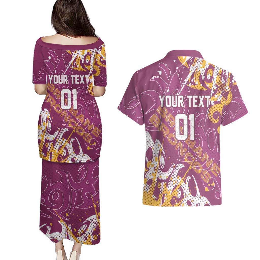 Personalized Brisbane Broncos Rugby Couples Matching Puletasi and Hawaiian Shirt Urban Street Graffiti Style - Distressed Splatter Elements