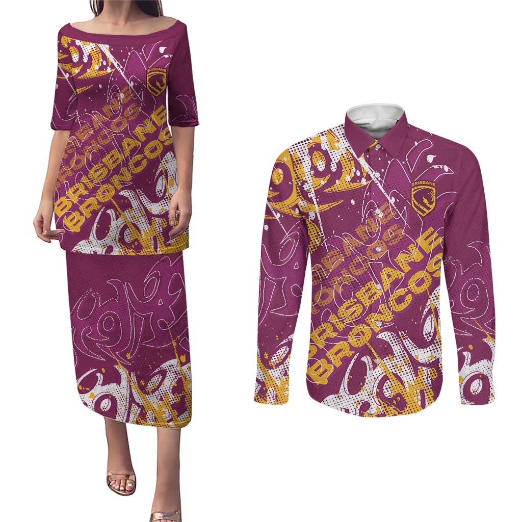 Personalized Brisbane Broncos Rugby Couples Matching Puletasi and Long Sleeve Button Shirt Urban Street Graffiti Style - Distressed Splatter Elements