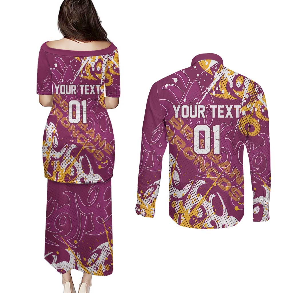 Personalized Brisbane Broncos Rugby Couples Matching Puletasi and Long Sleeve Button Shirt Urban Street Graffiti Style - Distressed Splatter Elements