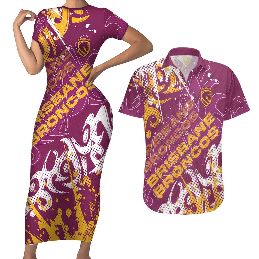 Personalized Brisbane Broncos Rugby Couples Matching Short Sleeve Bodycon Dress and Hawaiian Shirt Urban Street Graffiti Style - Distressed Splatter Elements