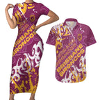 Personalized Brisbane Broncos Rugby Couples Matching Short Sleeve Bodycon Dress and Hawaiian Shirt Urban Street Graffiti Style - Distressed Splatter Elements