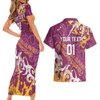 Personalized Brisbane Broncos Rugby Couples Matching Short Sleeve Bodycon Dress and Hawaiian Shirt Urban Street Graffiti Style - Distressed Splatter Elements