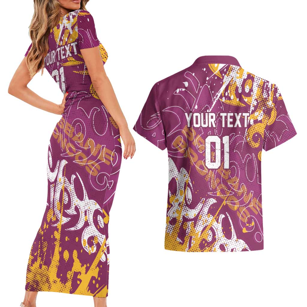 Personalized Brisbane Broncos Rugby Couples Matching Short Sleeve Bodycon Dress and Hawaiian Shirt Urban Street Graffiti Style - Distressed Splatter Elements